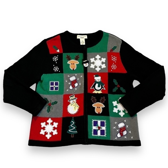 Y2K Ugly Christmas Sweater Patchwork Applique Knit Full Zip Large Petite - Picture 1 of 9